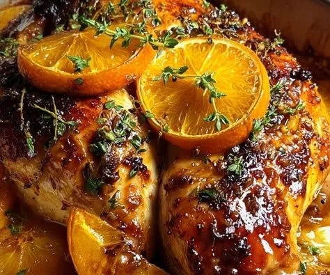 Roasted chicken with oranges, garnished for a beautiful presentation.