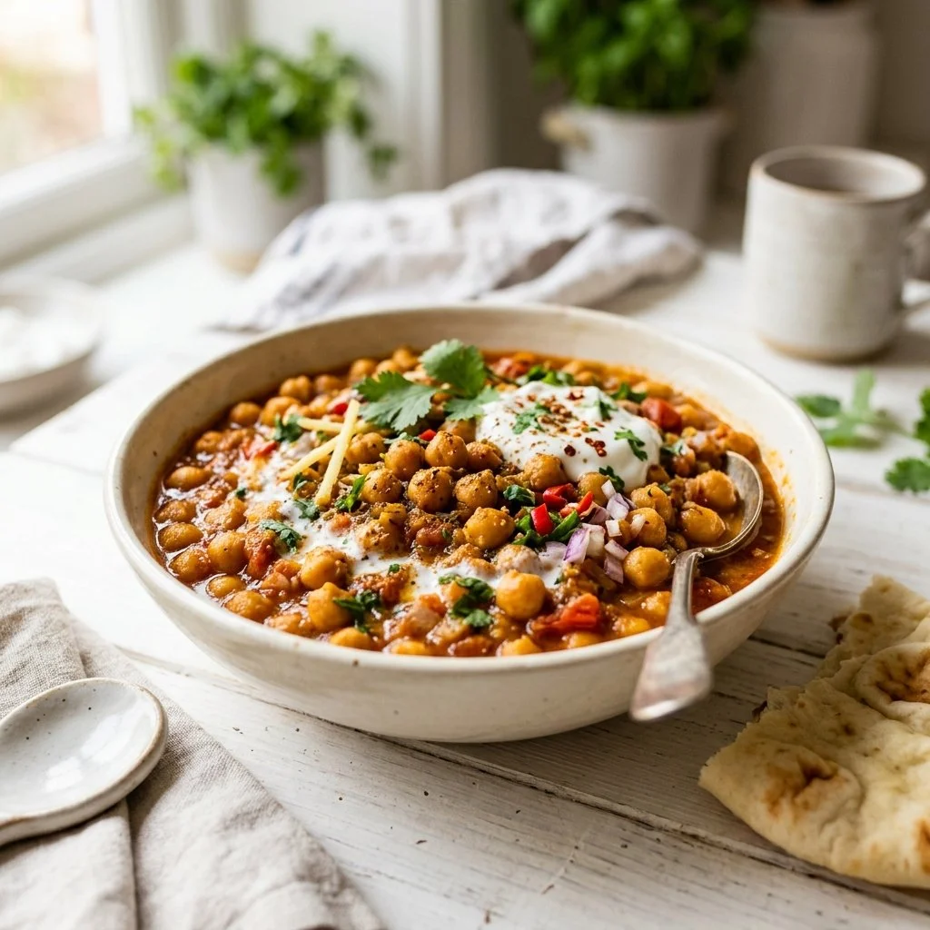 Bowl of tasty chickpea curry served with rice and fresh herbs