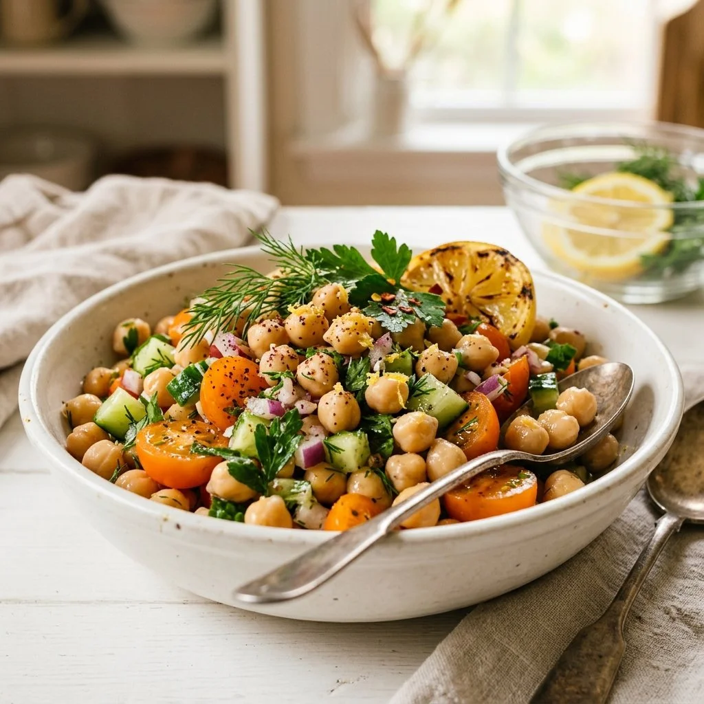 Fresh chickpea salad with vegetables and dressing