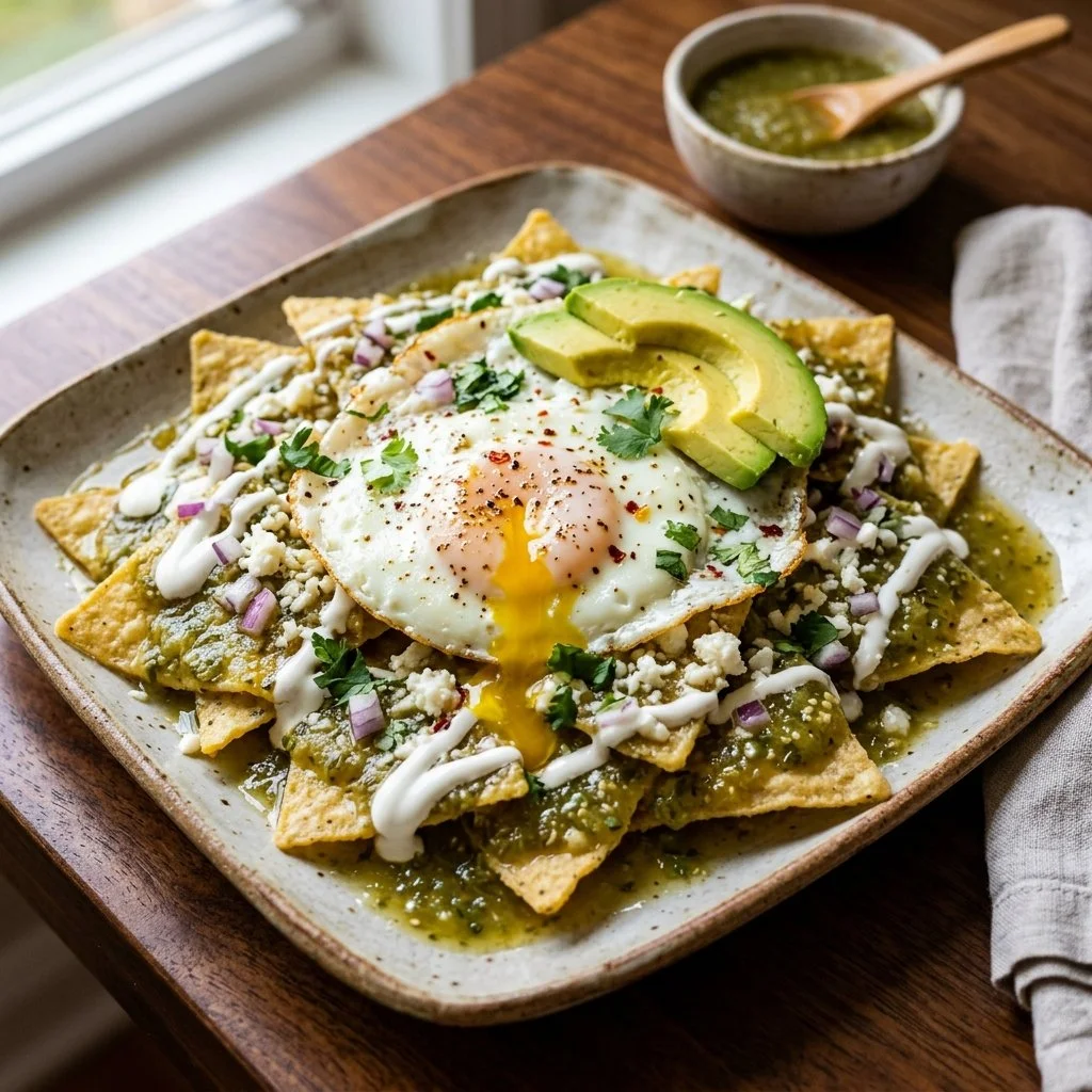 Plate of Chilaquiles Verdes with green salsa, cheese, and avocado topping.
