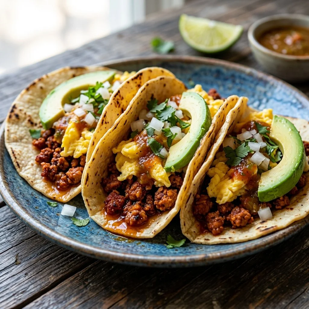 Delicious chorizo breakfast tacos topped with fresh cilantro and lime.