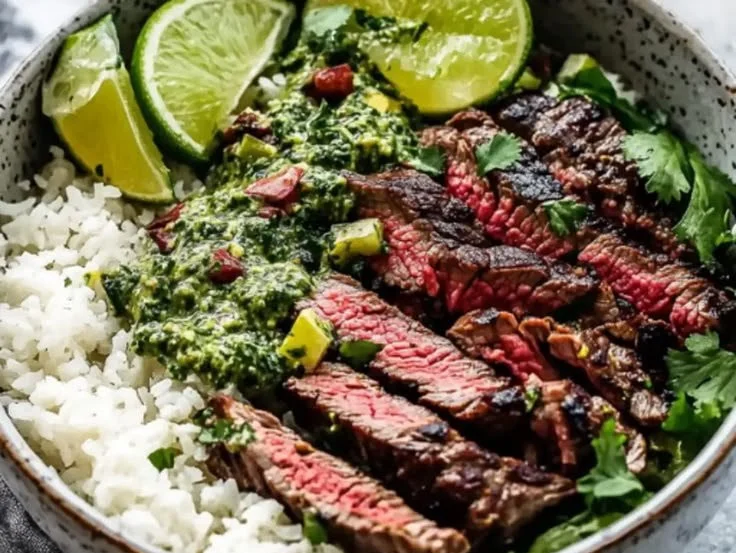 Cilantro lime steak bowl topped with fresh cilantro and lime wedges