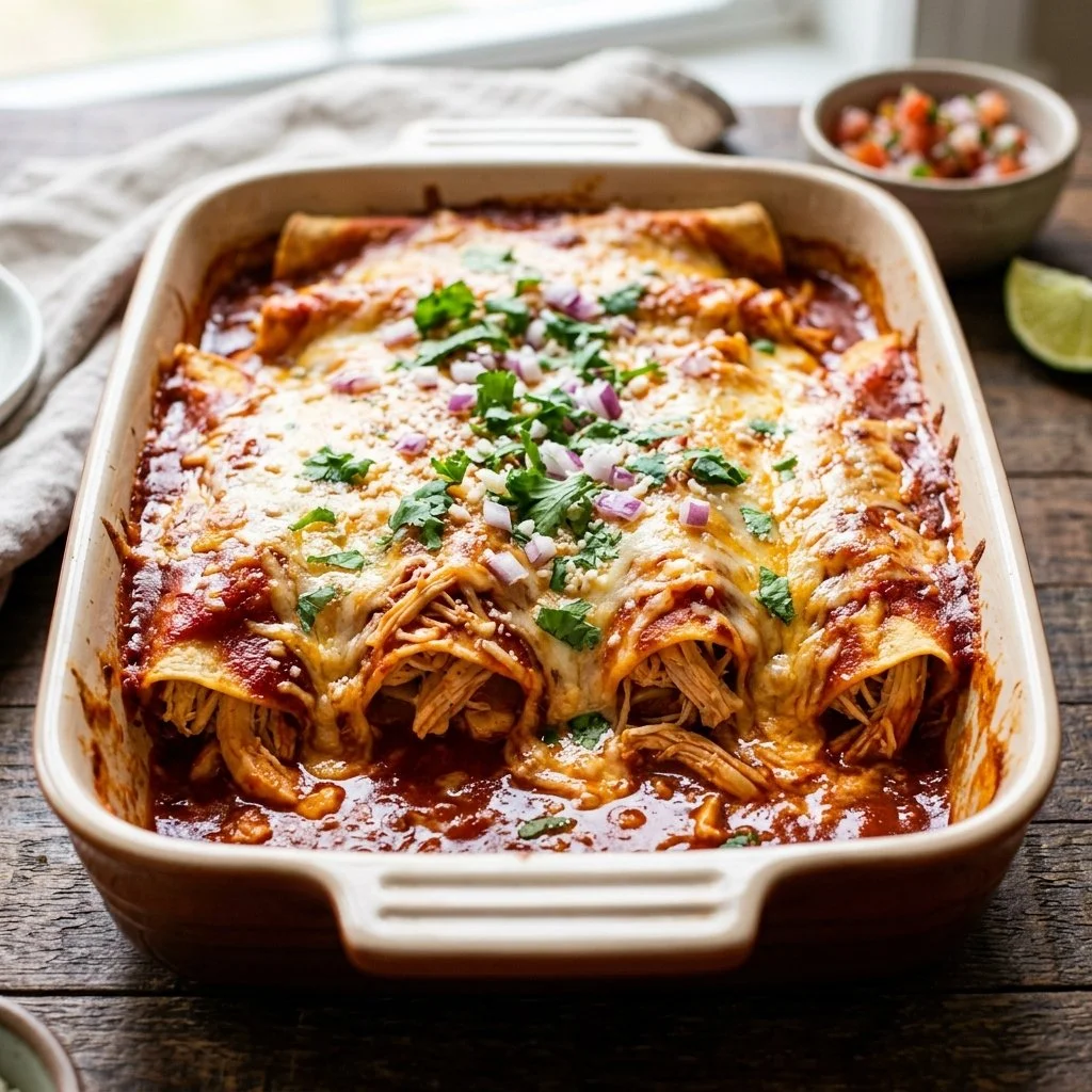 Delicious classic chicken enchiladas served on a plate with toppings