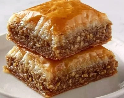 Delicious homemade Classic Greek Baklava with layers of flaky pastry and nuts