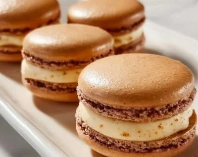 Delicious coffee macarons on a plate, showcasing rich coffee flavor and delicate texture.