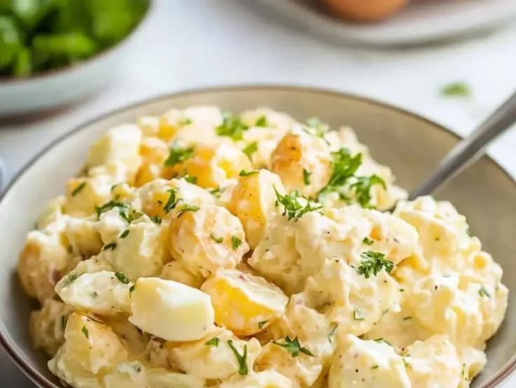 Country-style potato salad with eggs served in a bowl for summer picnics