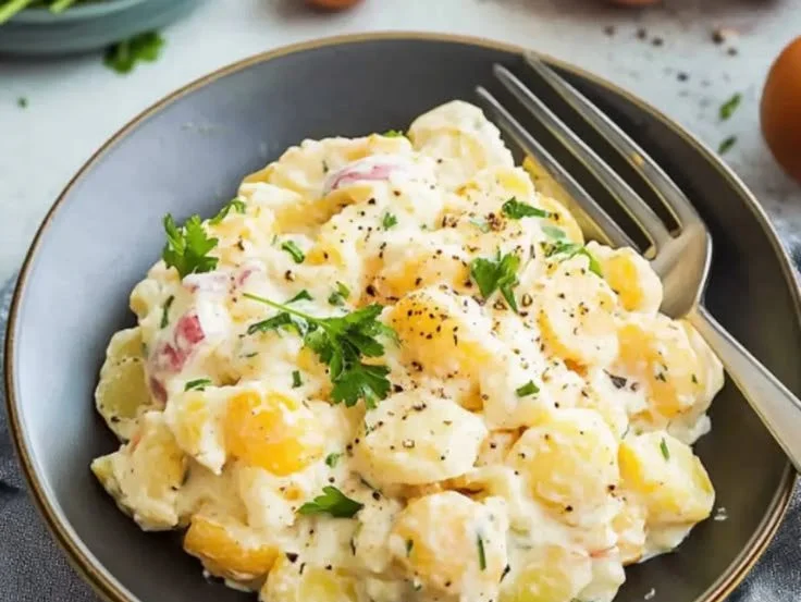 Country-style potato salad with eggs served in a bowl for summer picnics