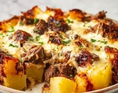 Delicious Cowboy Steak and Potato Casserole served in a rustic kitchen setting.