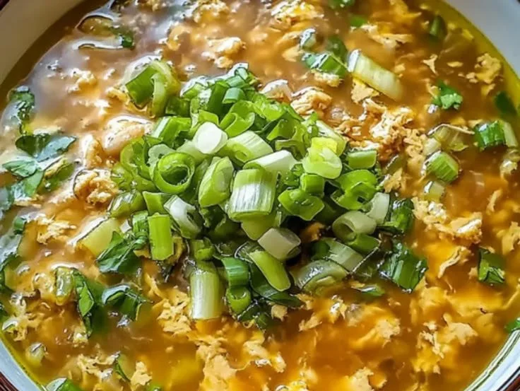 Cozy one-pot egg roll soup garnished with green onions in a bowl.
