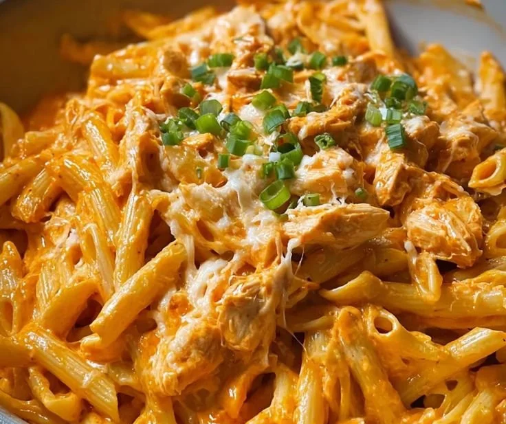 Creamy buffalo chicken pasta in a bowl topped with green onions