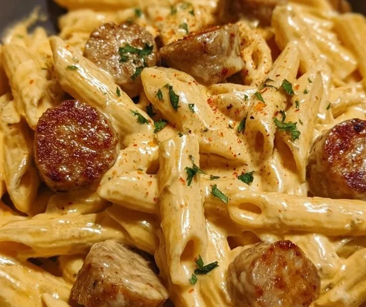 Creamy Cajun garlic butter sausage pasta served in a bowl