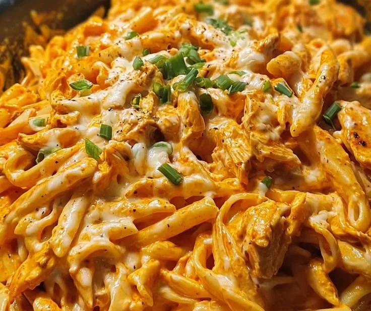 Creamy Buffalo Chicken Pasta dish with chicken and pasta in a spicy sauce