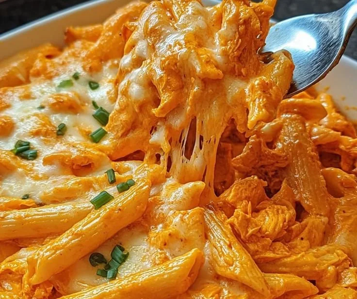 Creamy Buffalo Chicken Pasta Bake topped with cheese and herbs