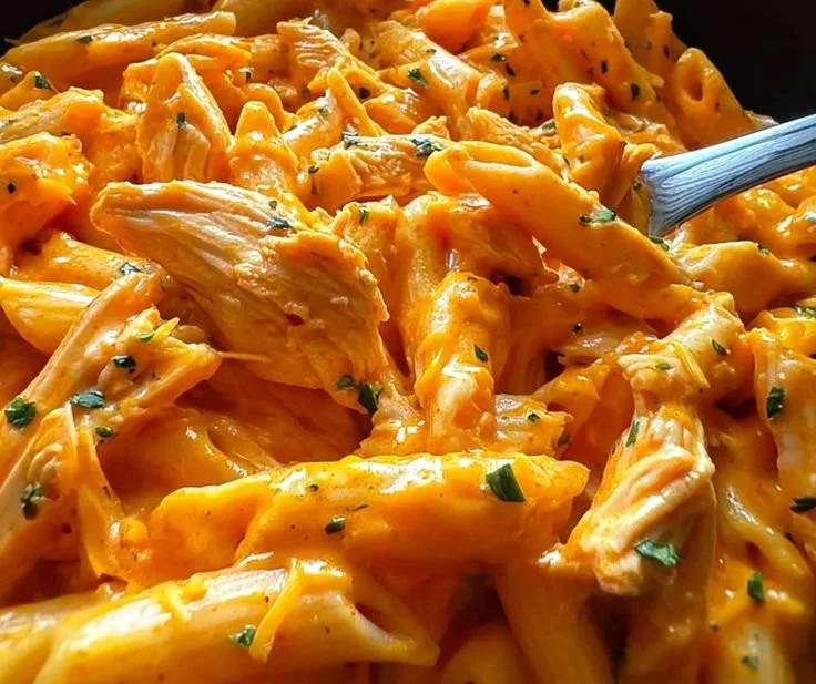 Creamy Buffalo Chicken Pasta in a bowl topped with herbs