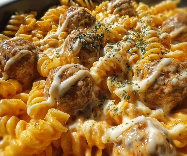 Creamy buffalo ranch meatball pasta garnished with herbs and spices