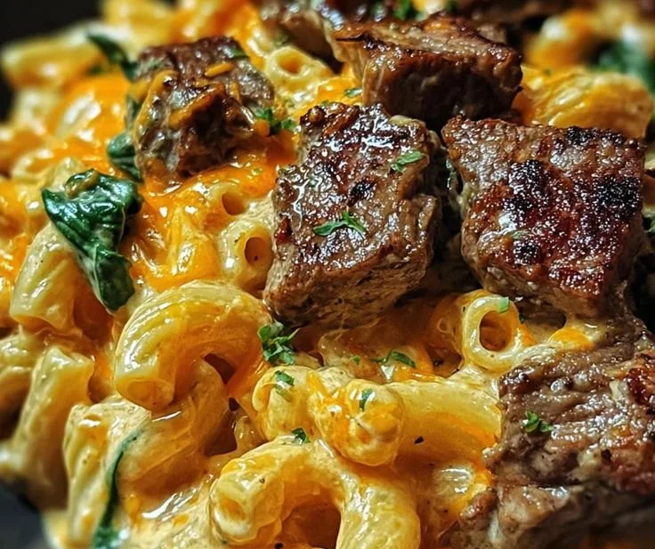 Creamy Buffalo Steak Pasta bake topped with honey and garnished herbs