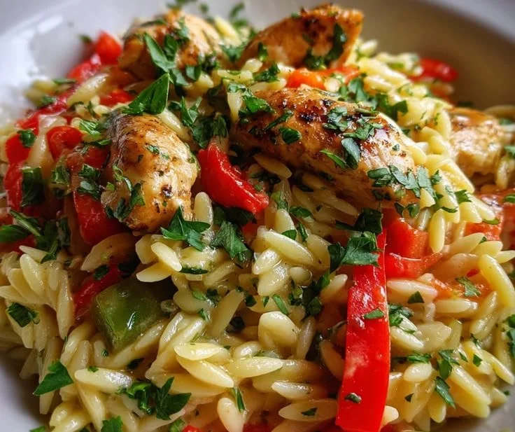 Creamy Cajun Garlic Butter Chicken served with orzo on a plate