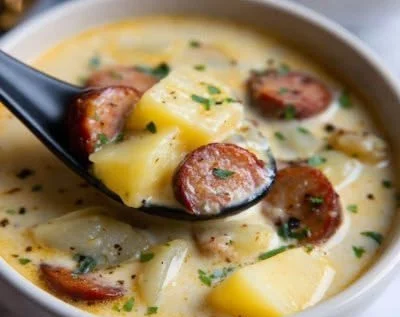 Bowl of creamy Cajun potato soup with herbs and spices