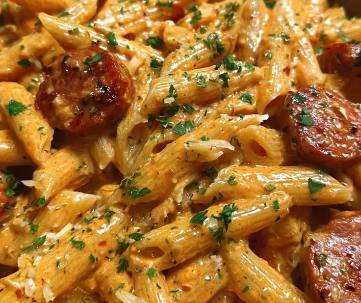 Creamy Cajun sausage pasta dish with spicy seasonings and rich sauce
