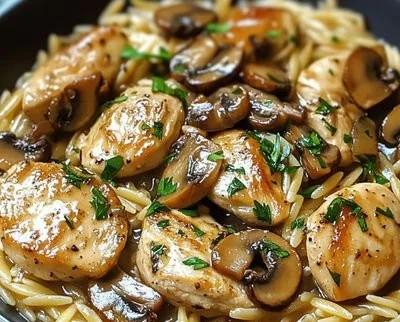 Creamy Chicken Marsala Orzo served in a bowl with fresh herbs.