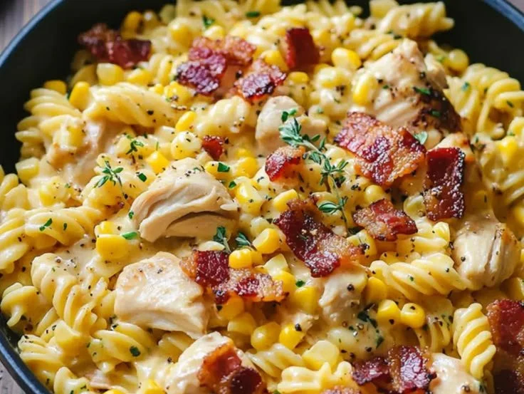 Creamy chicken pasta with bacon and corn in a white bowl