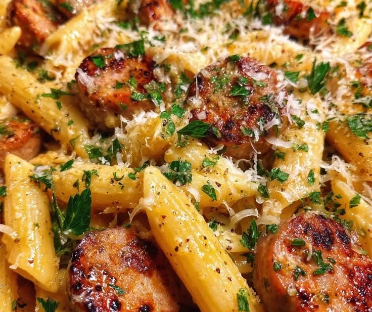 Creamy Garlic Butter Cajun Parmesan Sausage Pasta served in a bowl