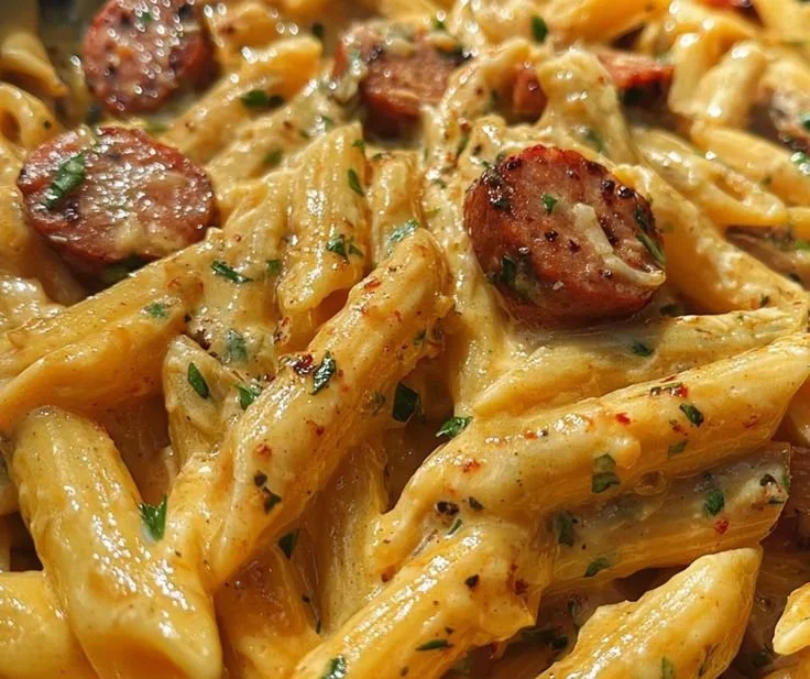 Creamy Garlic Butter Cajun Sausage Penne dish garnished with herbs.