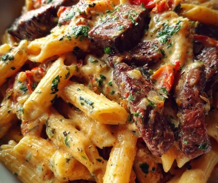 Creamy garlic butter pepper jack steak pasta garnished with herbs.
