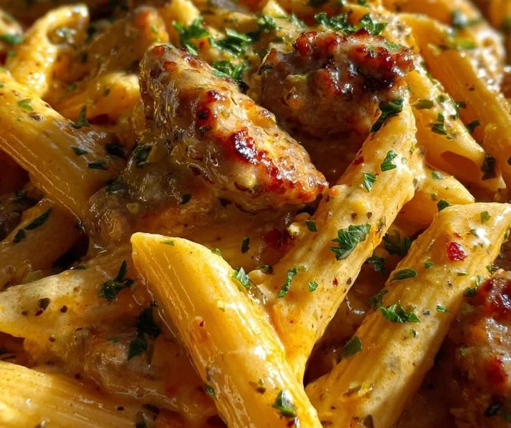 Creamy garlic butter sausage penne pasta dish with ranch seasoning