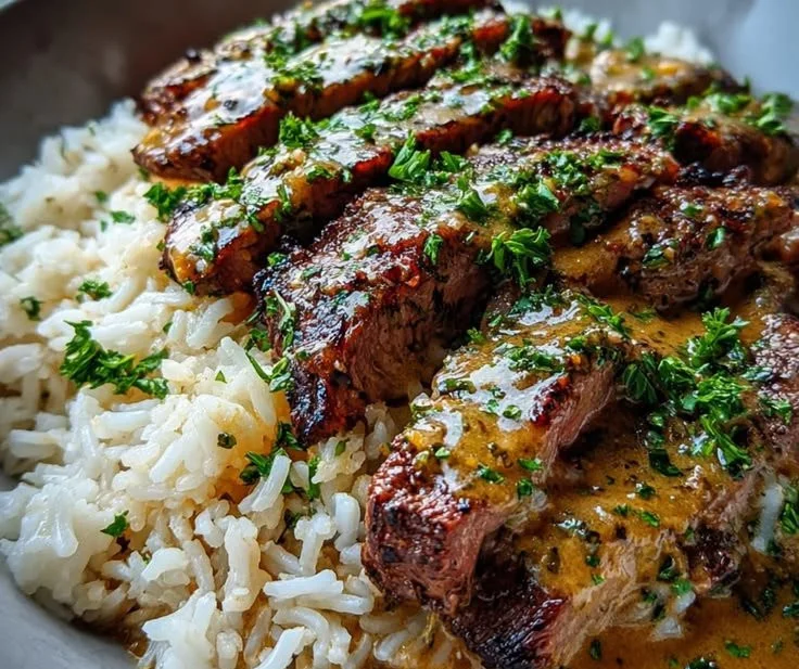 Creamy garlic butter steak served with rice, garnished with herbs