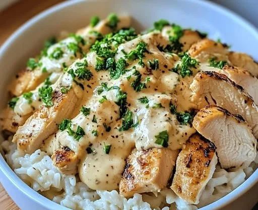 Creamy garlic chicken rice bowls served in a bowl with vegetables