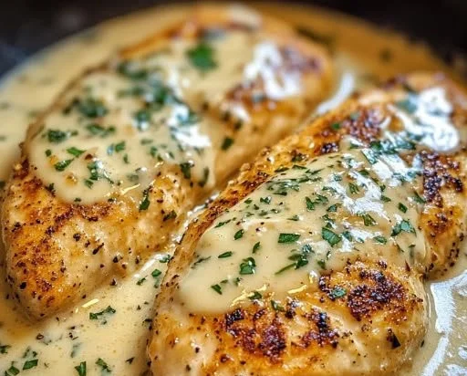 Creamy Garlic Parmesan Chicken Breast Recipe with herbs and cheese
