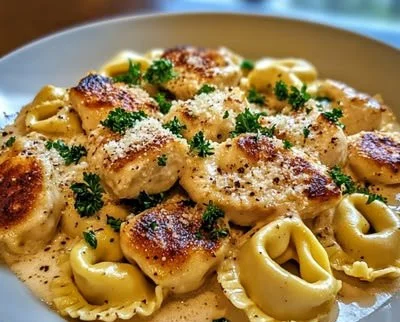 Creamy Garlic Parmesan Chicken Tortellini served in a bowl