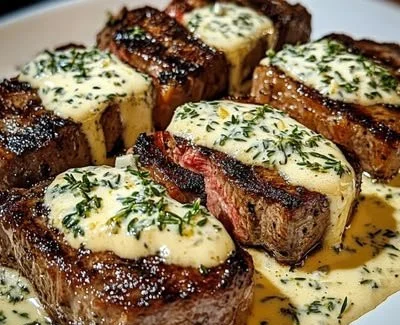 Creamy garlic sauce drizzled on grilled steak for a flavorful dining experience.