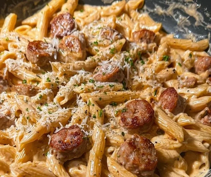 Plate of creamy honey garlic sausage pasta garnished with herbs