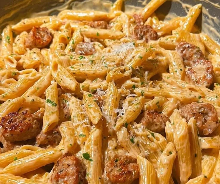 Creamy honey garlic sausage pasta served in a bowl with herbs and grated cheese
