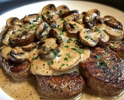 Creamy mushroom sauce served over a perfectly cooked steak