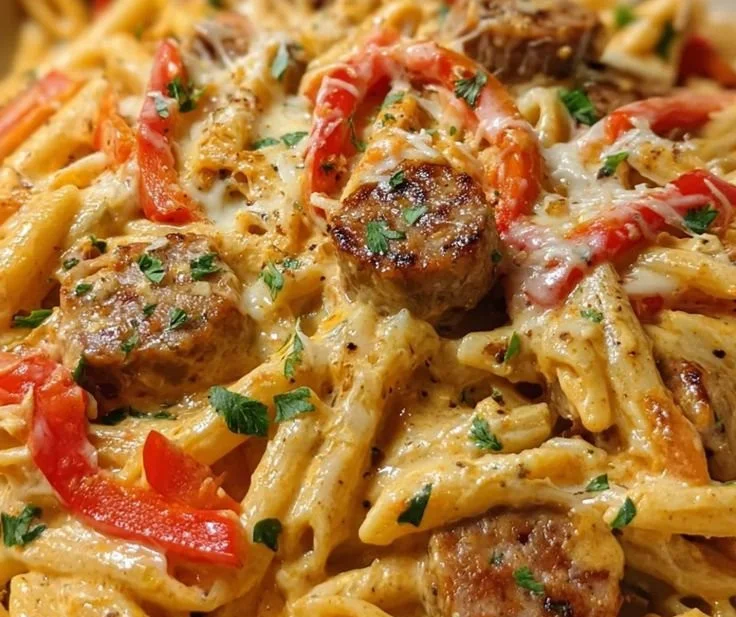 Creamy pepper jack Cajun sausage pasta served in a bowl with garnished herbs.