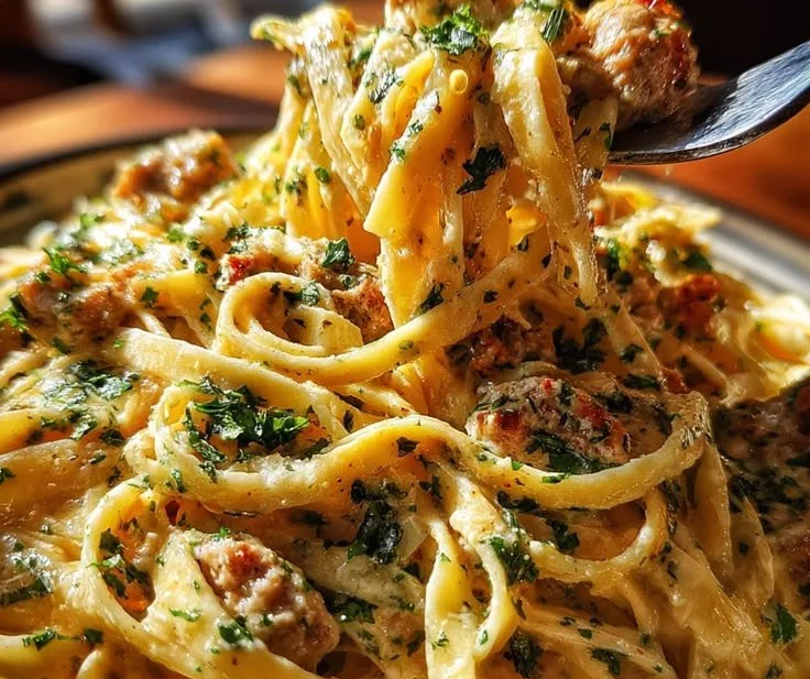 Creamy Pepper Jack Sausage Alfredo served in a bowl with fresh herbs