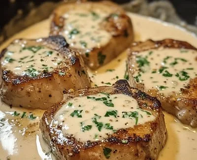 Creamy savory pork chops served on a plate with herbs and side vegetables.