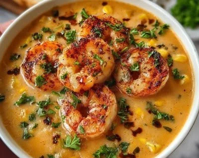 Creamy shrimp and corn bisque served in a bowl with fresh herbs
