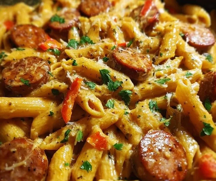 Creamy Smoky Cajun Sausage Penne dish served in a bowl with garnishes
