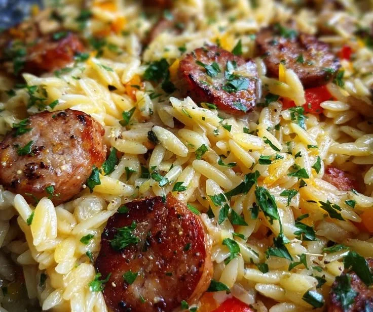 Creamy smoky garlic butter cheddar sausage orzo dish garnished with herbs.