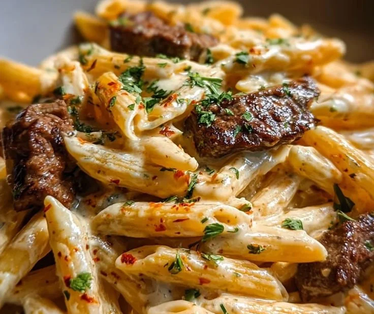 Creamy white cheddar Cajun steak penne dish garnished with herbs