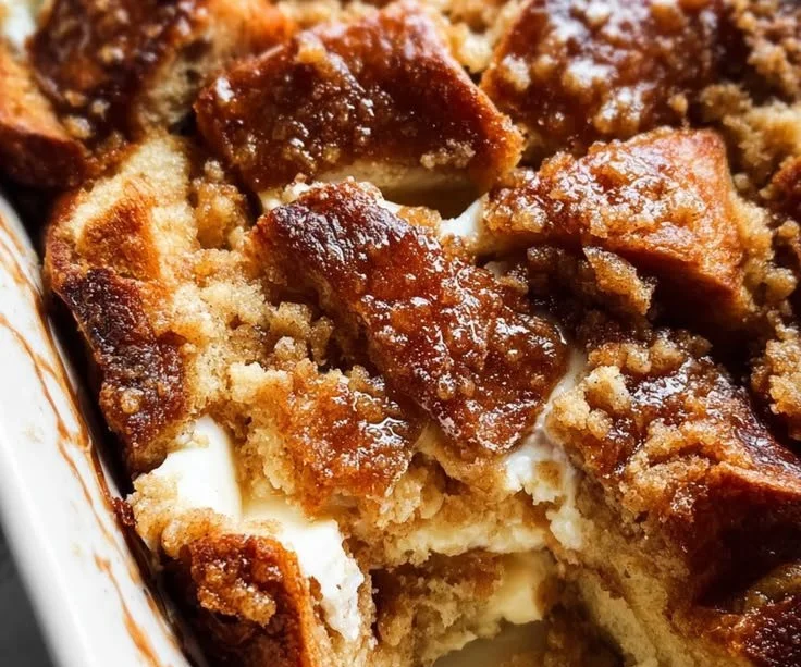 Crescent roll French toast bake topped with cream cheese and cinnamon.