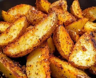 Crispy air fryer potato wedges served on a plate with dipping sauce