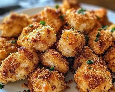 Plate of crispy baked chicken bites garnished with herbs.