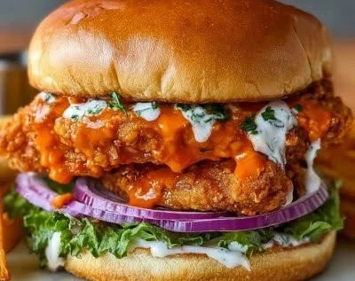 Crispy Buffalo Chicken Sandwich served with fresh toppings