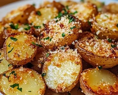 Bowl of crispy creamy potatoes garnished with herbs