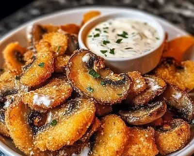 Plate of crispy fried mushrooms with ranch dressing dip